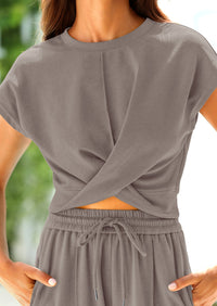 Twist Front Crop T-Shirts Wide Leg Pants Two Piece Sets