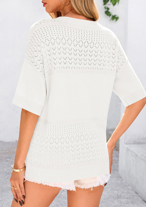Short Sleeved Casual V-Neck Knitted Small Eye Shirt