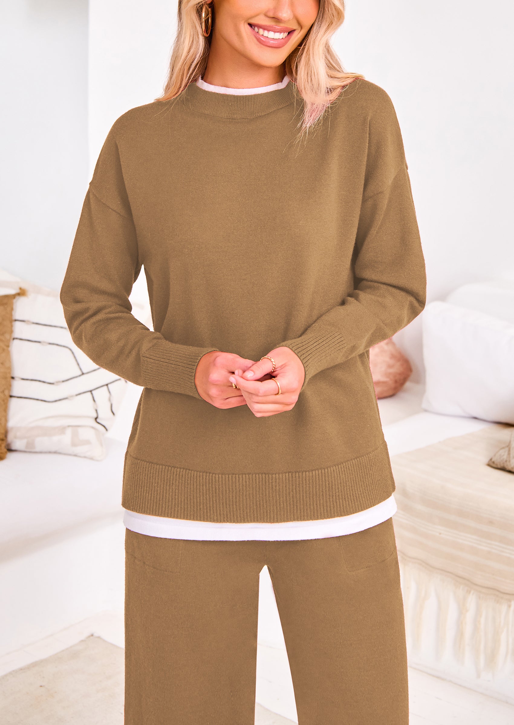 PRETTYGARDEN Two Piece Matching Sweater Lounge Sets Knit Long Sleeve Pullover Tops Wide Leg Pants