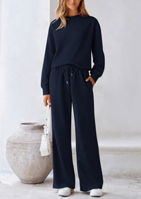 Casual Long Sleeve Pullover Tops and Wide Leg Pants Knitted Two Piece Sets
