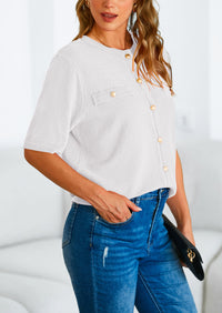 Button Down Casual Short Sleeve Crew Neck Ribbed Knit Shirts