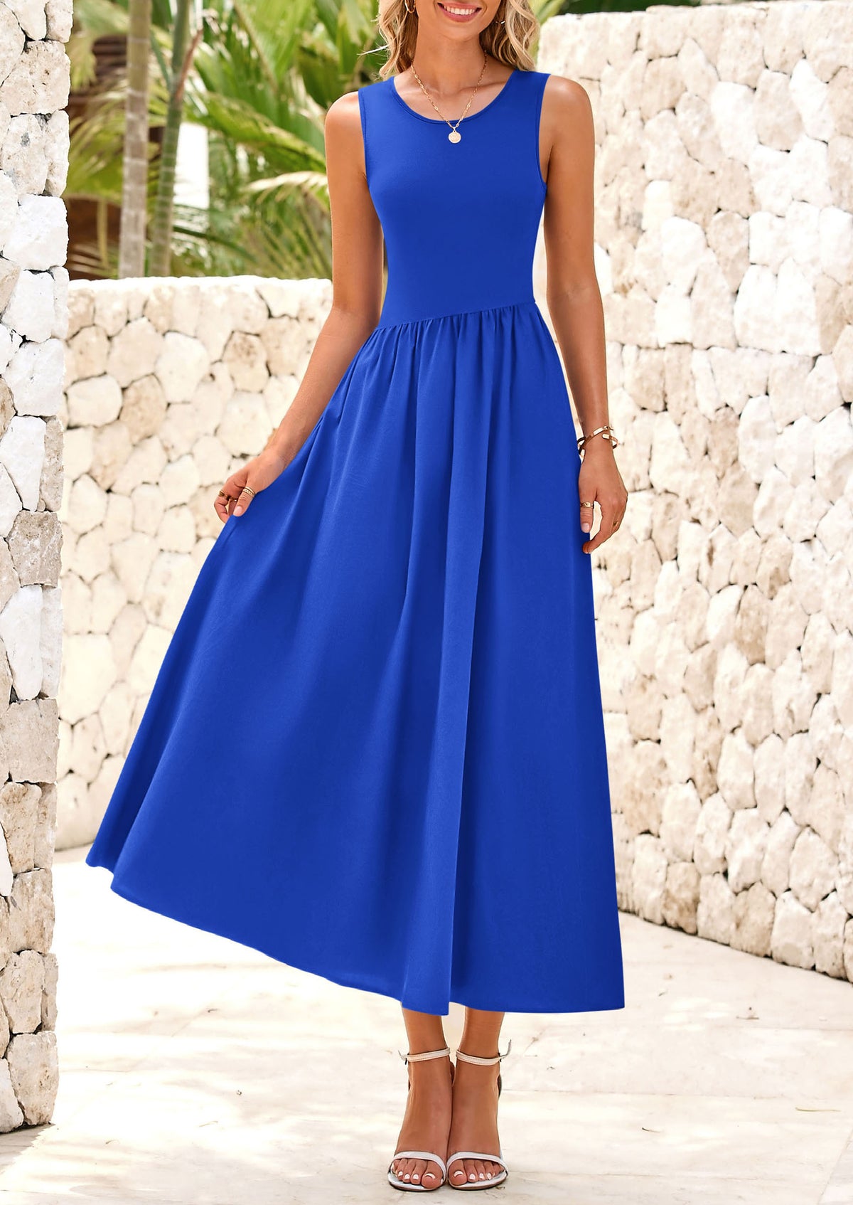 Casual Sleeveless Striped Ribbed Knit Long Dresses Beach Vacation Sundress