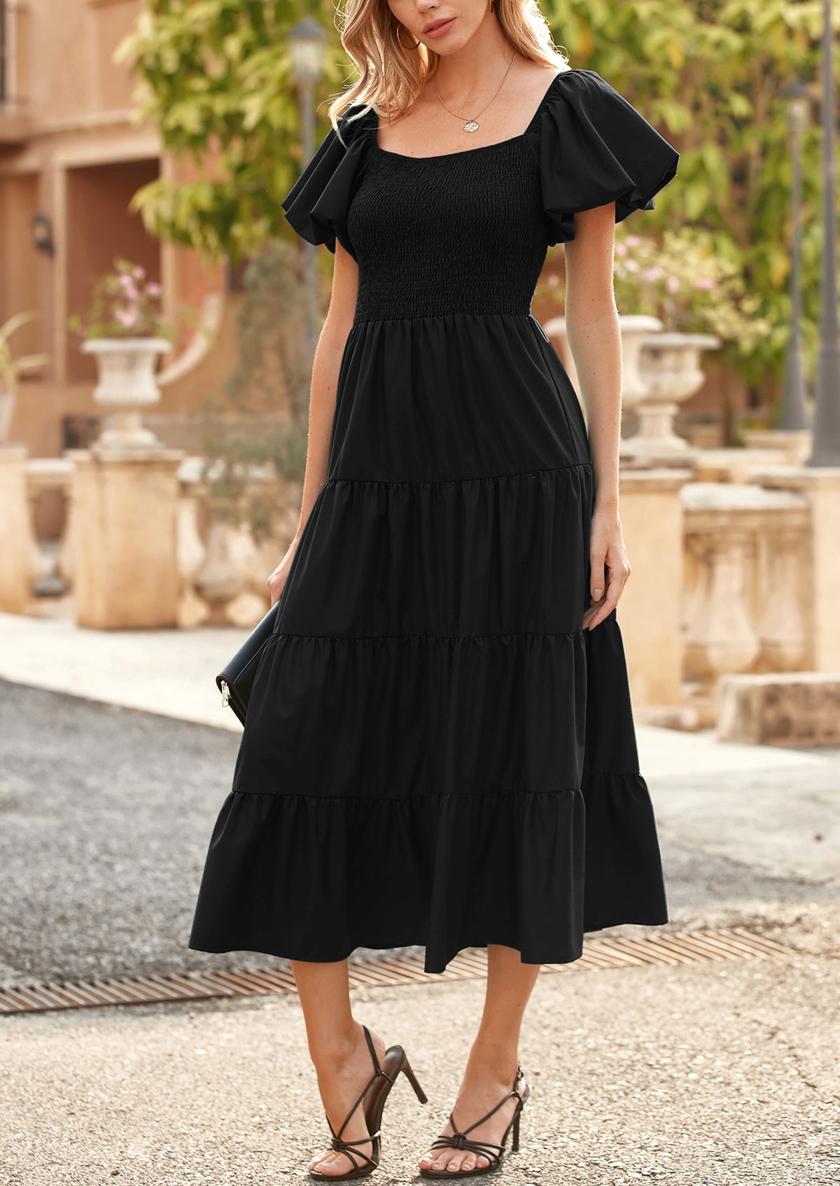 Casual Short Sleeved Square Neck Layered Pleated Dress