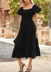 Casual Short Sleeved Square Neck Layered Pleated Dress