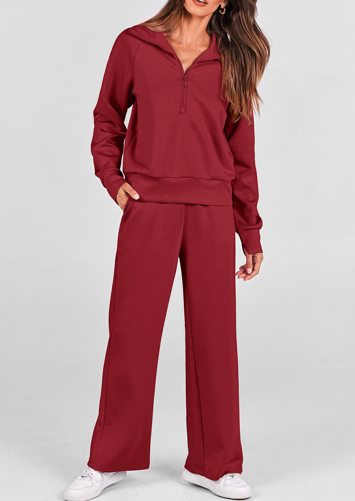 Flip Collar Half Zip Top And Wide Leg Pants Casual Two-Piece Set