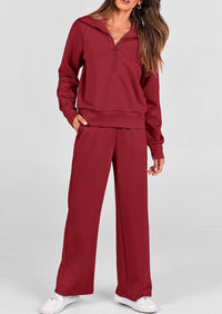 Flip Collar Half Zip Top And Wide Leg Pants Casual Two-Piece Set
