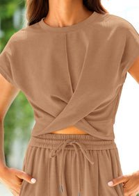 Twist Front Crop T-Shirts Wide Leg Pants Two Piece Sets