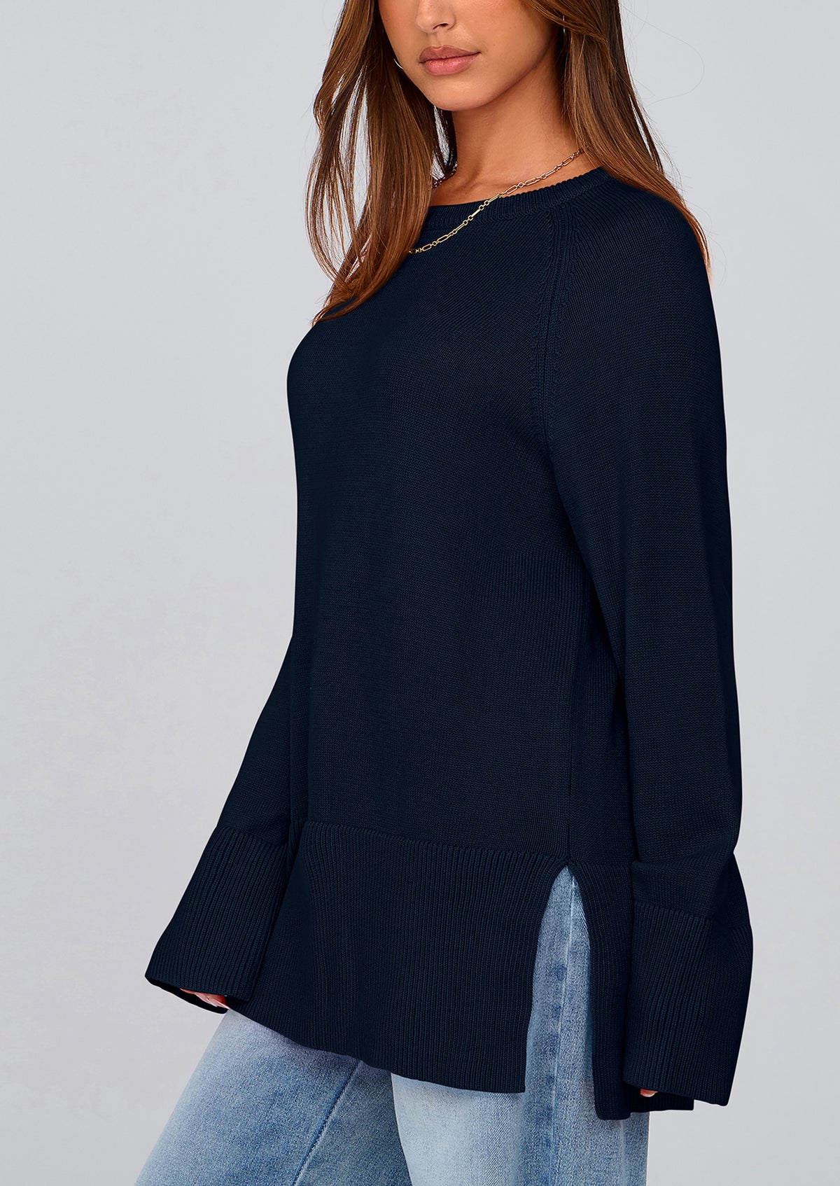 Knit Long Sleeve Crew Neck Split Hem Loose Oversized Tunic Sweaters