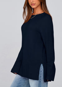 Knit Long Sleeve Crew Neck Split Hem Loose Oversized Tunic Sweaters