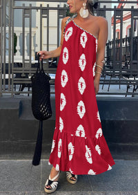 One Shoulder Spaghetti Strap Printed A Line Flowy Boho Maxi Long Sundress