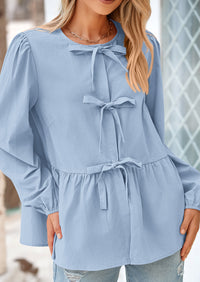 Babydoll Peplum Puff Long Sleeve Bow Tie Front Y2K Blouses