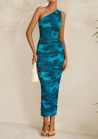One Shoulder Bodycon Printed Ruched Mesh Party Cocktail Fitted Long Dress