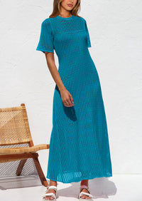 Eyelet Beach Vacation Resort Short Sleeve Hollow Out Dress Cover Up Maxi Dresses