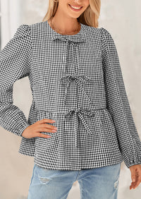 Babydoll Peplum Puff Long Sleeve Bow Tie Front Cute Y2K Blouses