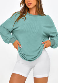 Long Sleeve Casual Loose Crew Neck Ribbed Blouse
