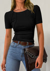 KIRUNDO Ribbed Short Sleeve Tops for Women Summer Casual Crew Neck Cute Crop Basic Tees Slim Fit Exposed Seams T Shirts