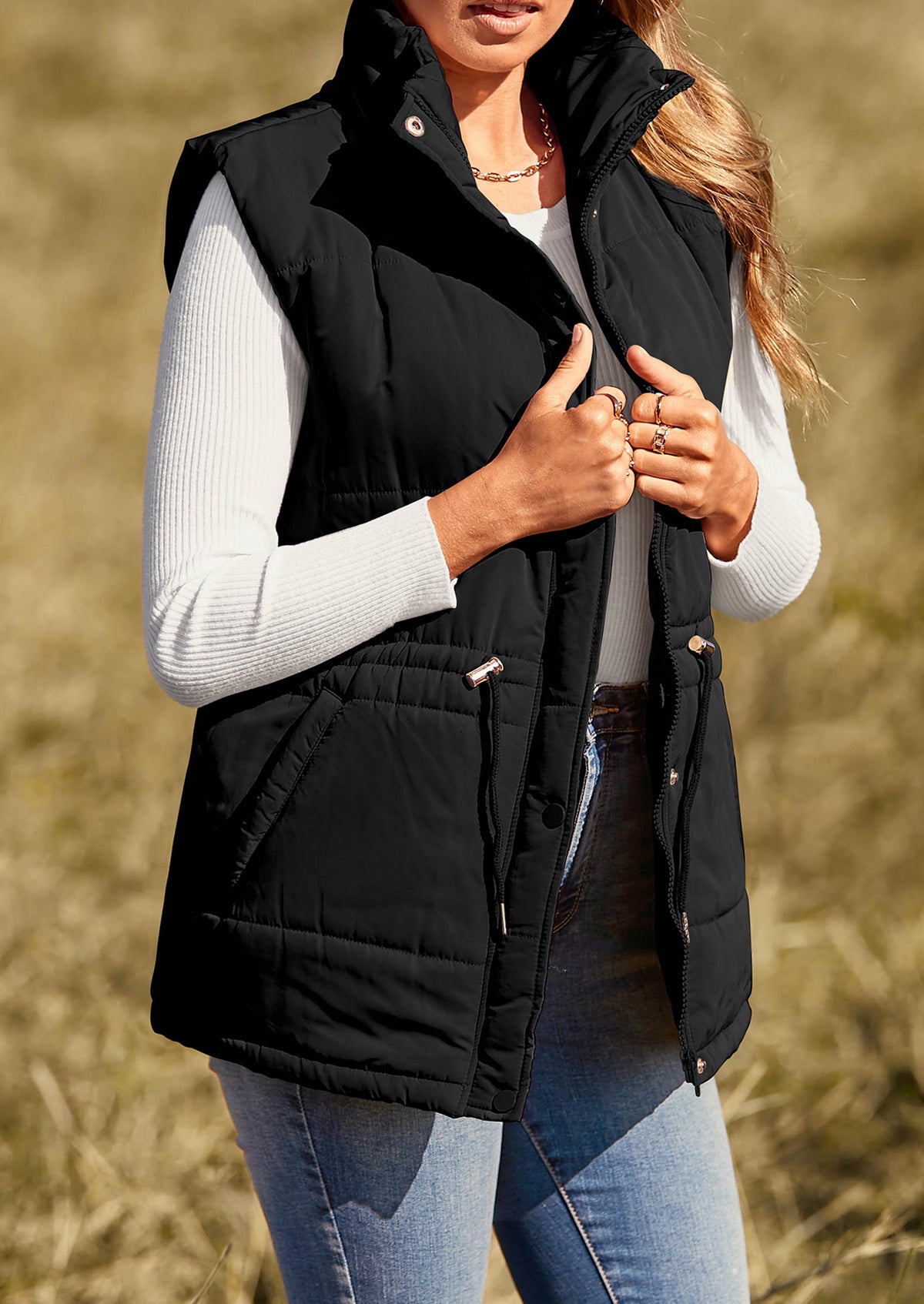 Casual Button Zipper Vest, Drawstring Sleeveless Jacket