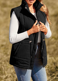 Casual Button Zipper Vest, Drawstring Sleeveless Jacket