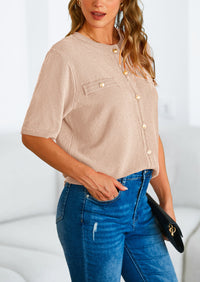 Button Down Casual Short Sleeve Crew Neck Ribbed Knit Shirts