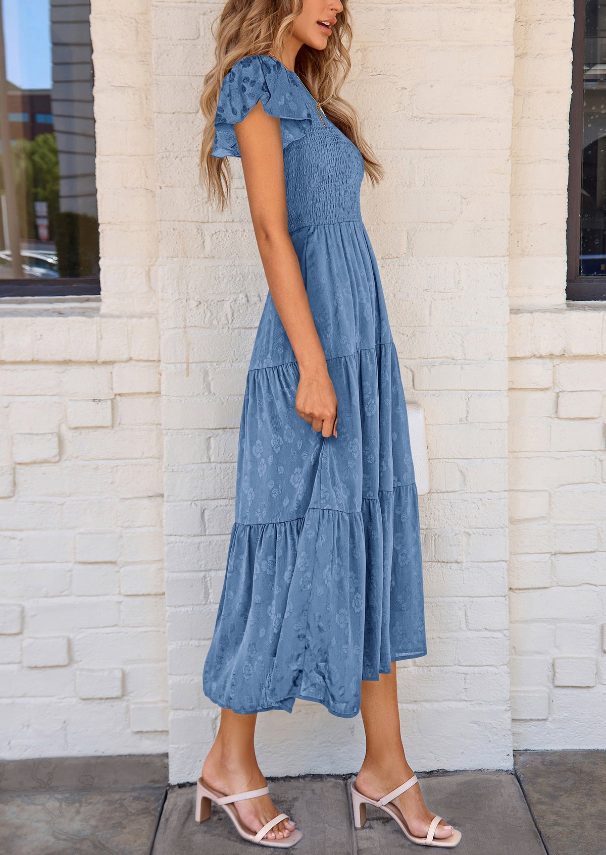 Floral  Summer Cap Sleeve Smocked Ruffle A Line Long Flowy Wedding Guest Midi Dresses
