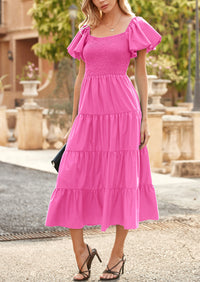 Casual Short Sleeved Square Neck Layered Pleated Dress