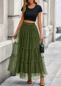 PRETTYGARDEN Maxi Skirts for Women Fall Tulle High Waisted Ruffle Flowy A-Line Long Skirt Country Concert Outfits