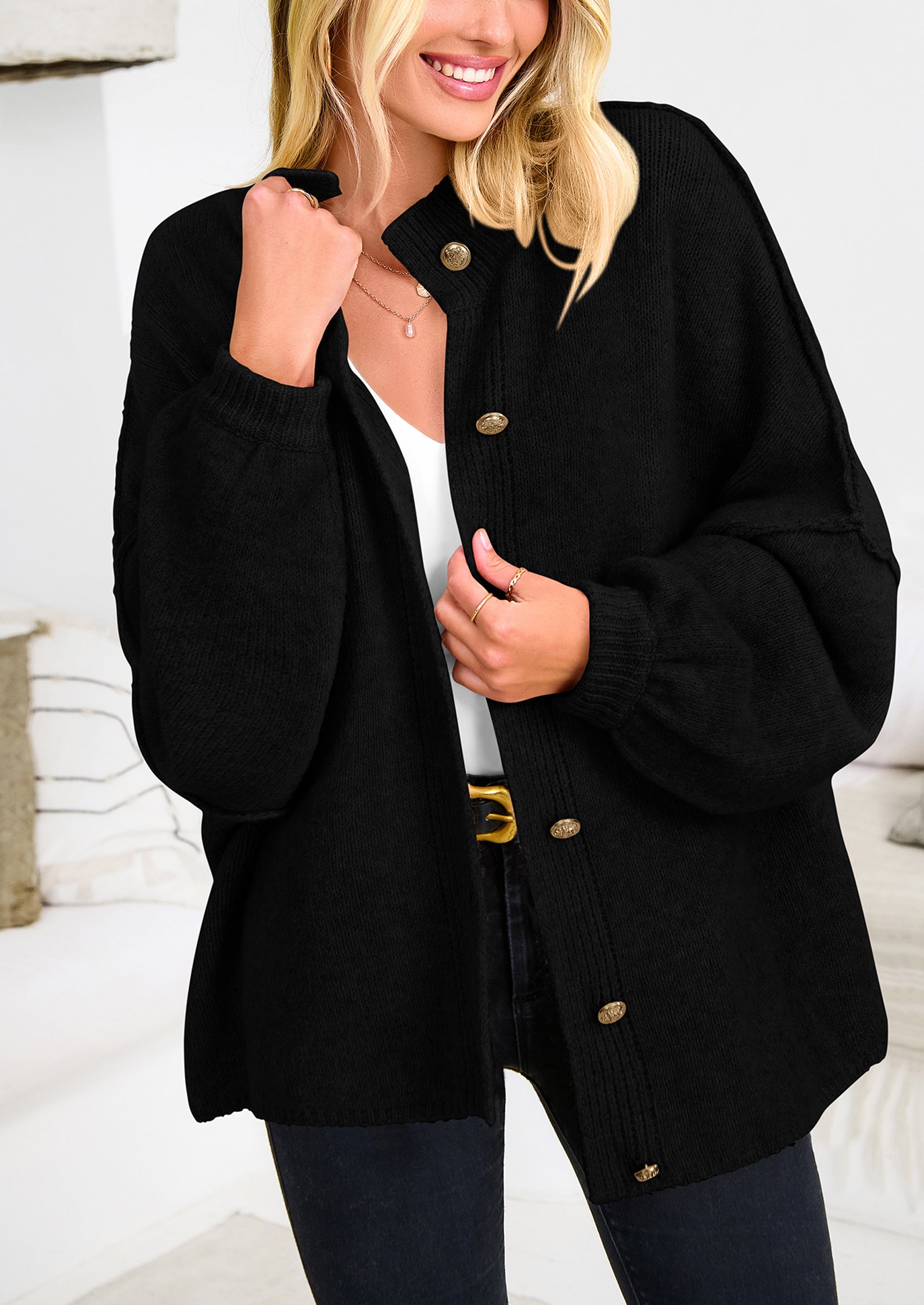 PRETTYGARDEN Women's Winter Button Down Cardigan Sweaters Mock Neck Lantern Long Sleeve Chunky Knit Jacket Trendy Outerwear