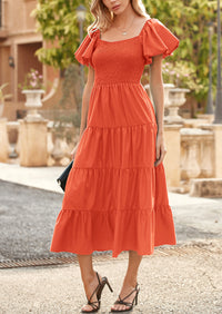 Casual Short Sleeved Square Neck Layered Pleated Dress