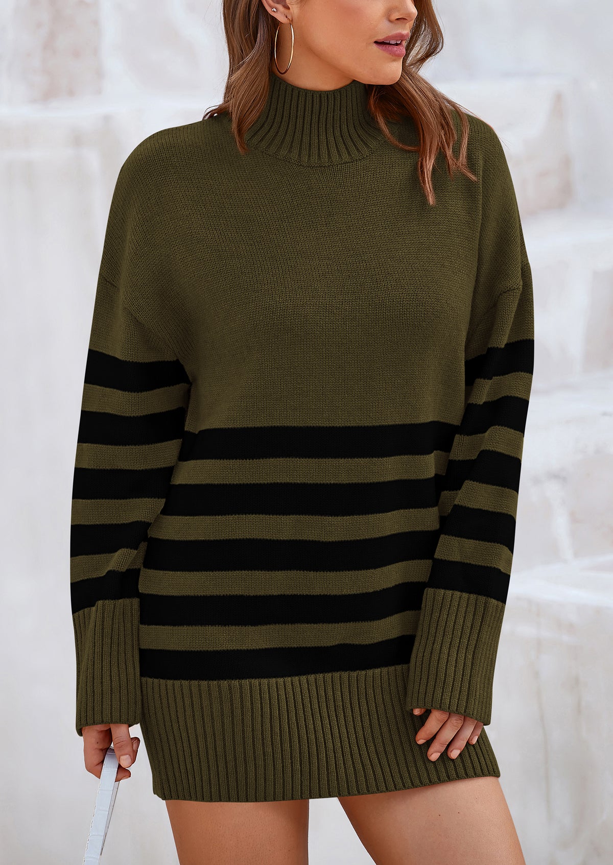 Striped Turtleneck Long Sleeve Loose Fit Chunky Knit Casual Mini Sweater Dresses