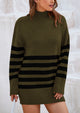 Striped Turtleneck Long Sleeve Loose Fit Chunky Knit Casual Mini Sweater Dresses