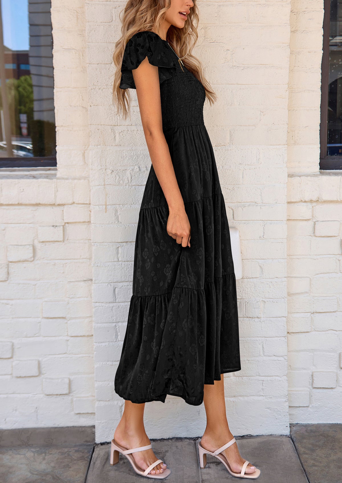 Floral  Summer Cap Sleeve Smocked Ruffle A Line Long Flowy Wedding Guest Midi Dresses