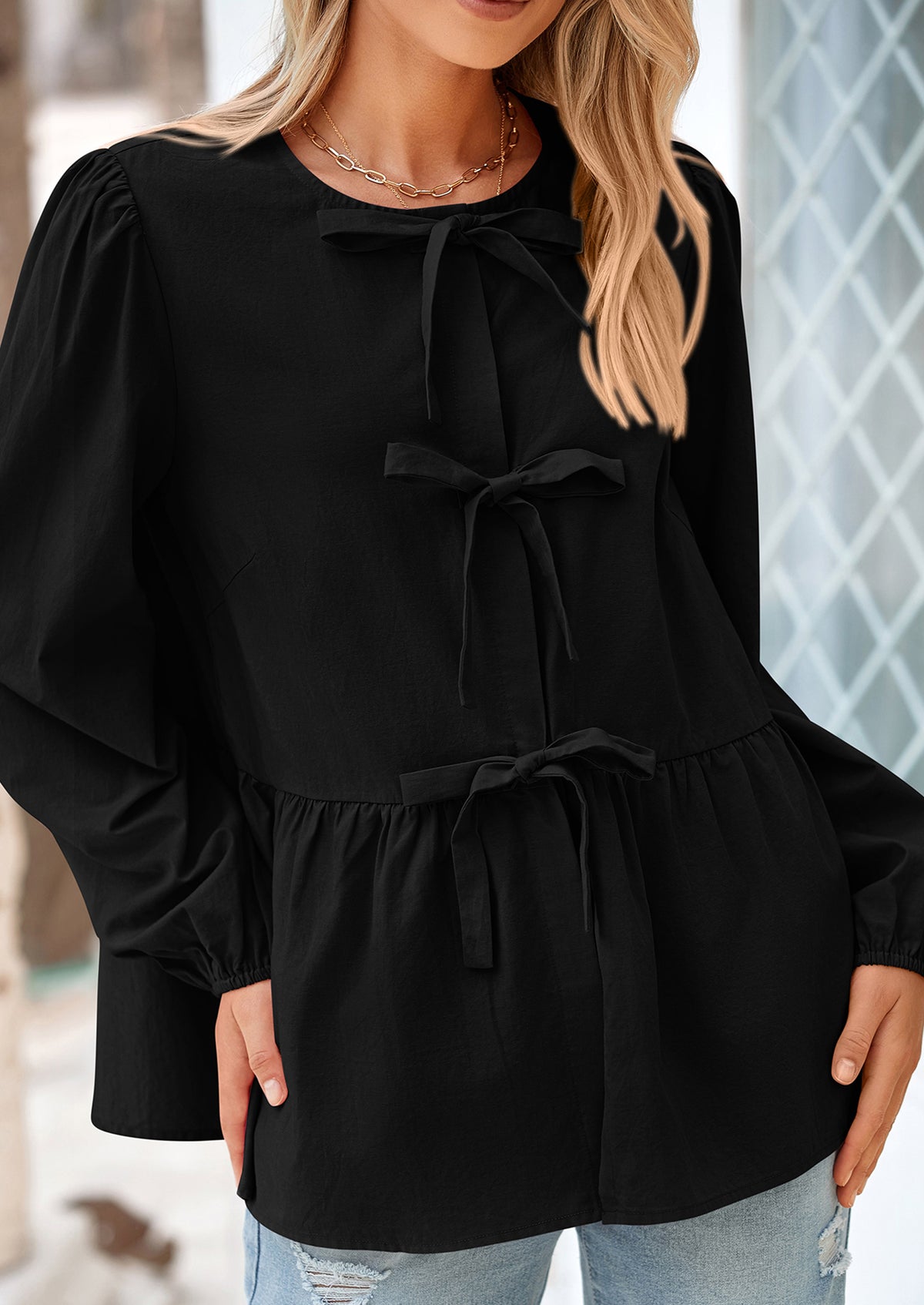 Babydoll Peplum Puff Long Sleeve Bow Tie Front Y2K Blouses