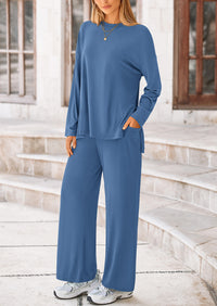 Long Sleeve High Low Tops T-Shirts Wide Leg Pants Two Piece Sets