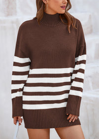 Striped Turtleneck Long Sleeve Loose Fit Chunky Knit Casual Mini Sweater Dresses