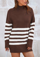Striped Turtleneck Long Sleeve Loose Fit Chunky Knit Casual Mini Sweater Dresses