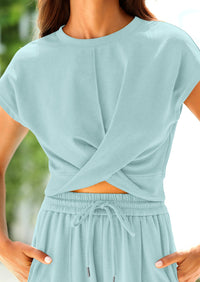 Twist Front Crop T-Shirts Wide Leg Pants Two Piece Sets