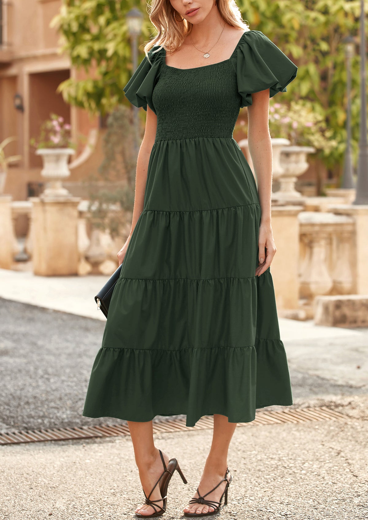 Casual Short Sleeved Square Neck Layered Pleated Dress
