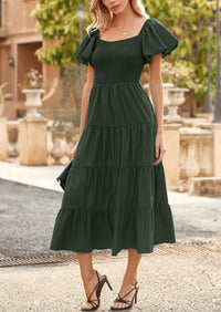 Casual Short Sleeved Square Neck Layered Pleated Dress