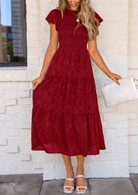 Floral  Summer Cap Sleeve Smocked Ruffle A Line Long Flowy Wedding Guest Midi Dresses