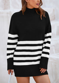 Striped Turtleneck Long Sleeve Loose Fit Chunky Knit Casual Mini Sweater Dresses
