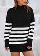 Striped Turtleneck Long Sleeve Loose Fit Chunky Knit Casual Mini Sweater Dresses