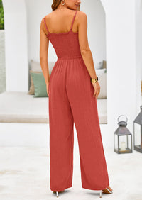 Linen Smocked Spaghetti Strap Pockets Wide Leg Jumpsuits