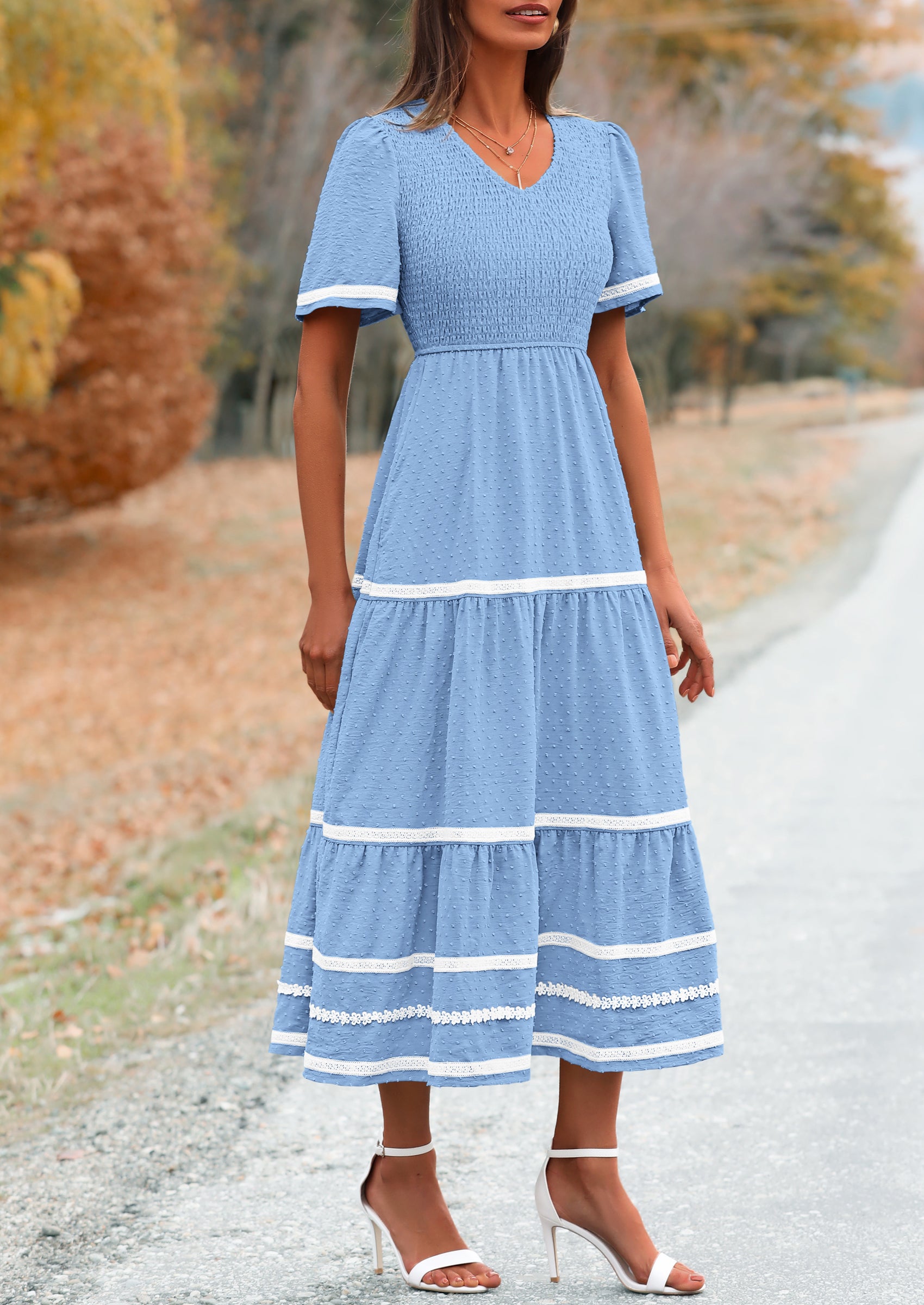 PRETTYGARDEN Women's Casual Summer Maxi Dress Short Sleeve Swiss Dot V Neck Smocked Long Flowy Beach Dresses