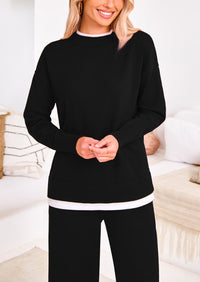 PRETTYGARDEN Two Piece Matching Sweater Lounge Sets Knit Long Sleeve Pullover Tops Wide Leg Pants
