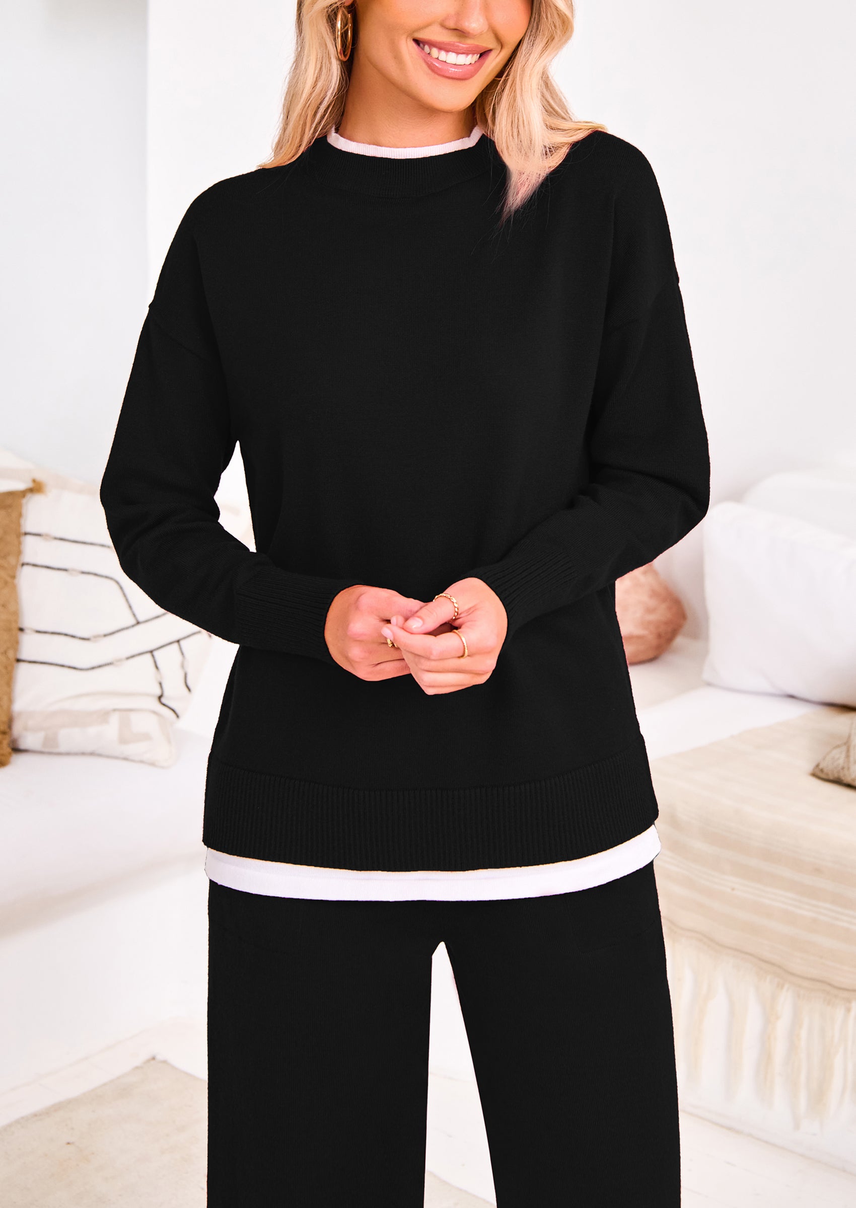 PRETTYGARDEN Two Piece Matching Sweater Lounge Sets Knit Long Sleeve Pullover Tops Wide Leg Pants
