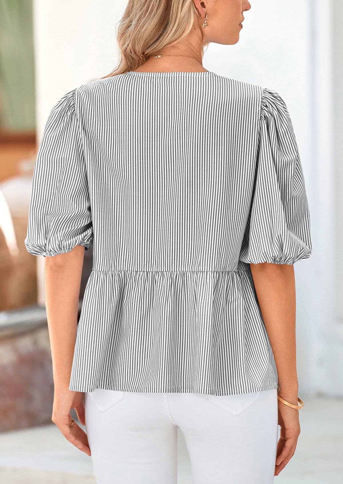 Striped Round Neck Front, Lace Up Bubble Sleeves Tops