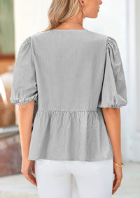 Striped Round Neck Front, Lace Up Bubble Sleeves Tops