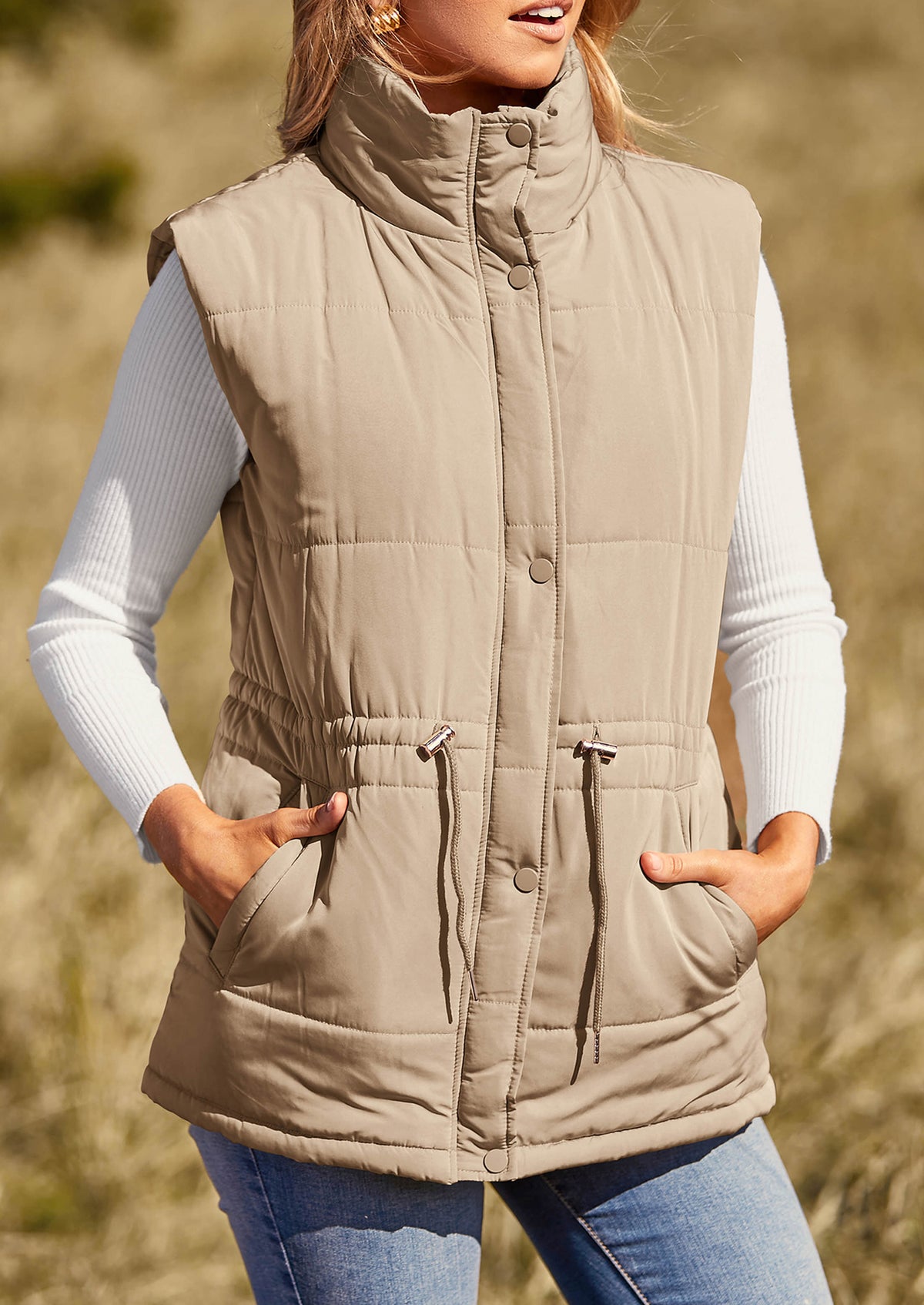 Casual Button Zipper Vest, Drawstring Sleeveless Jacket
