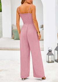 Linen Smocked Spaghetti Strap Pockets Wide Leg Jumpsuits