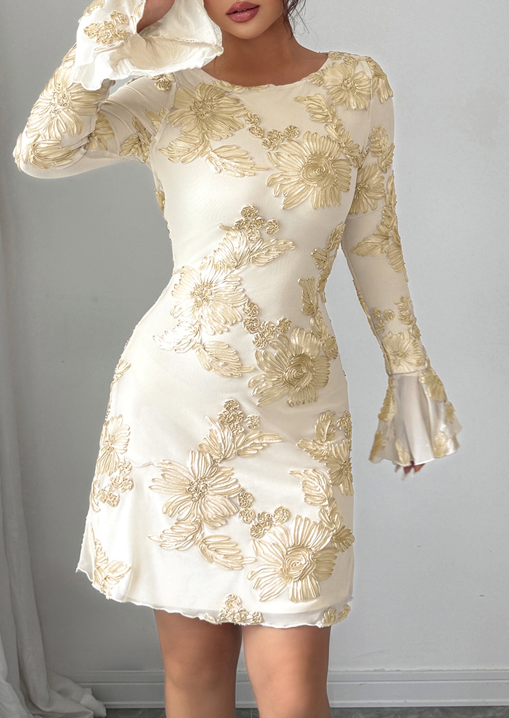 PRETTYGARDEN Women's Floral Embroidered Dress Fall Long Bell Sleeve Ribbon Flower Mini Short Mesh Bodycon Party Dresses